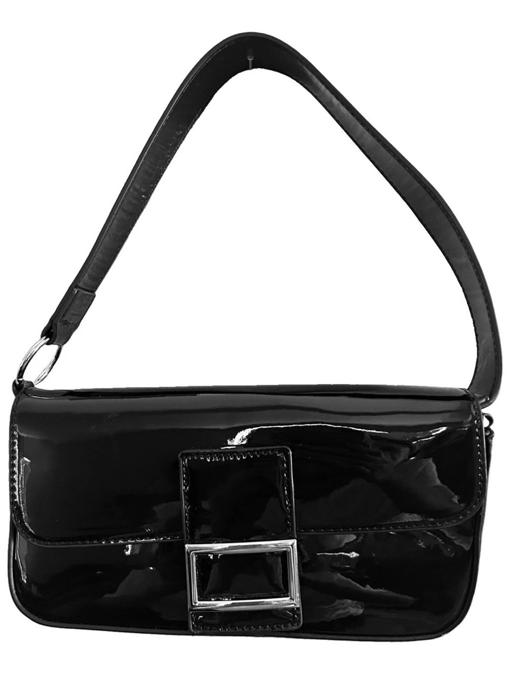 Patent Black Shoulder Bag with Buckle Accent